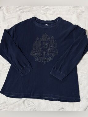 Y2K Navy Blue Long Sleeve waffle knit Shirt with Center Emblem